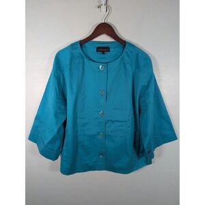 Escada Jacket Womens 44 Teal‎ Collarless 3/4 Sleeve Button Front Boxy Cropped